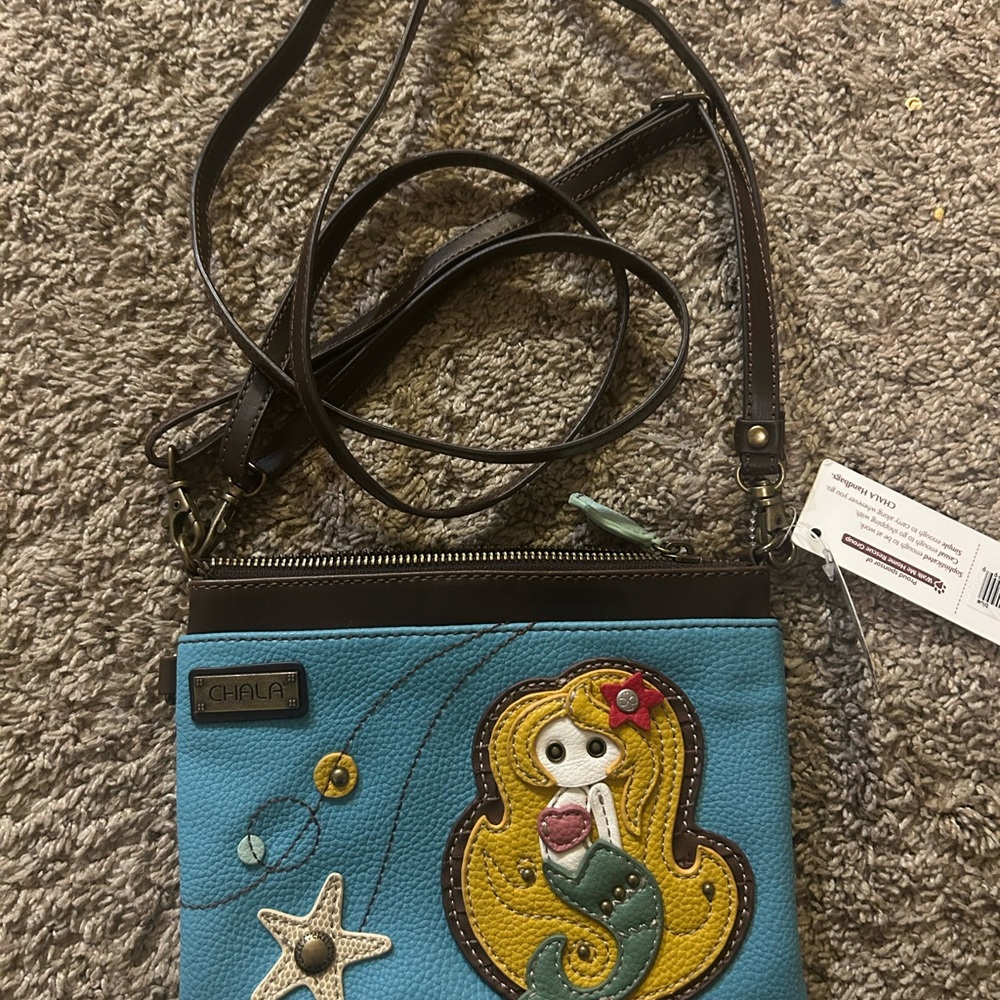 Chala Light Blue Mermaid small Crossbody Bag with Brown Trim - Picture 2 of 11